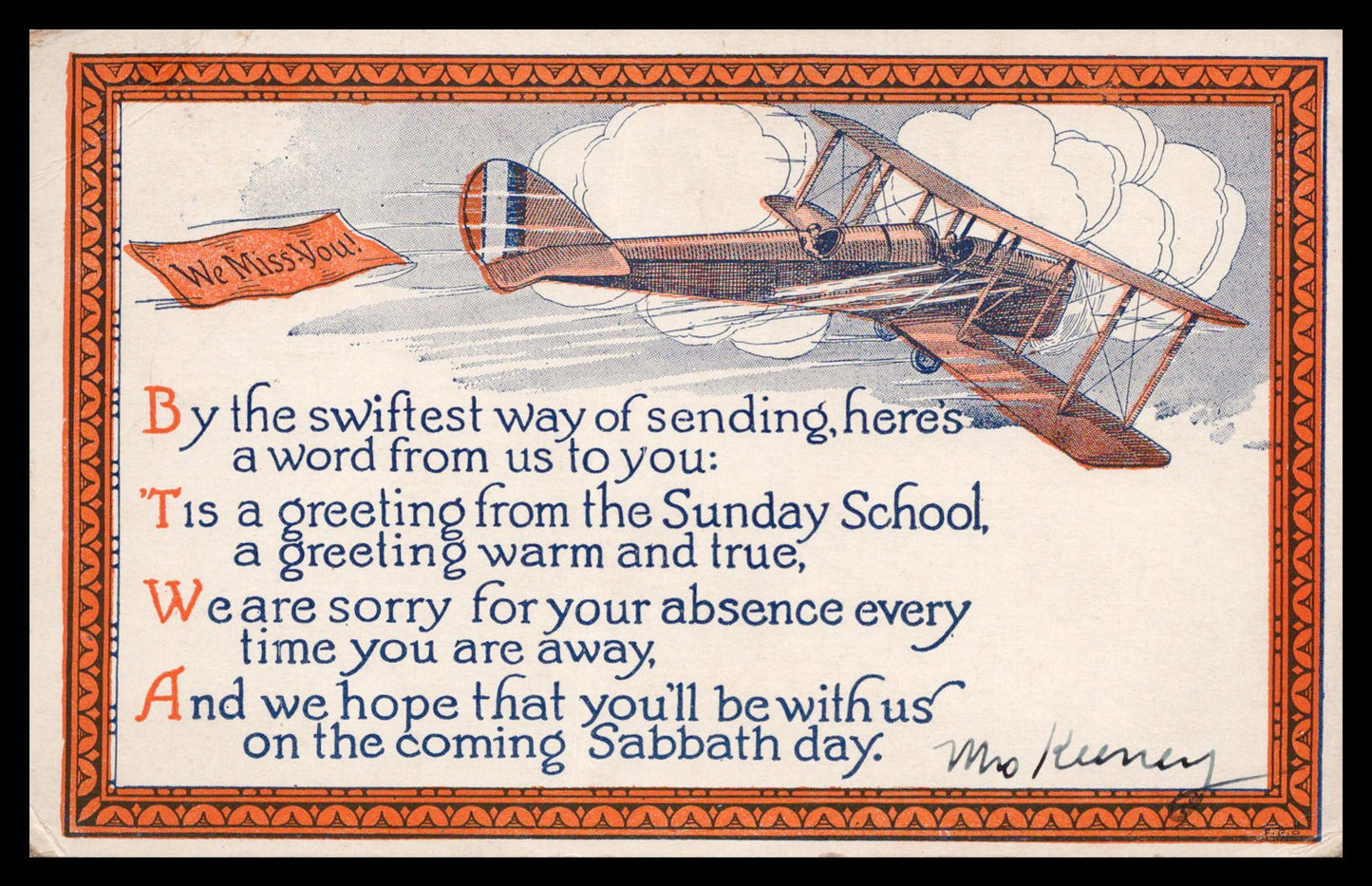 Vintage postcard featuring an airplane and a warm greeting from a Sunday School - Image: MA-PC_0053