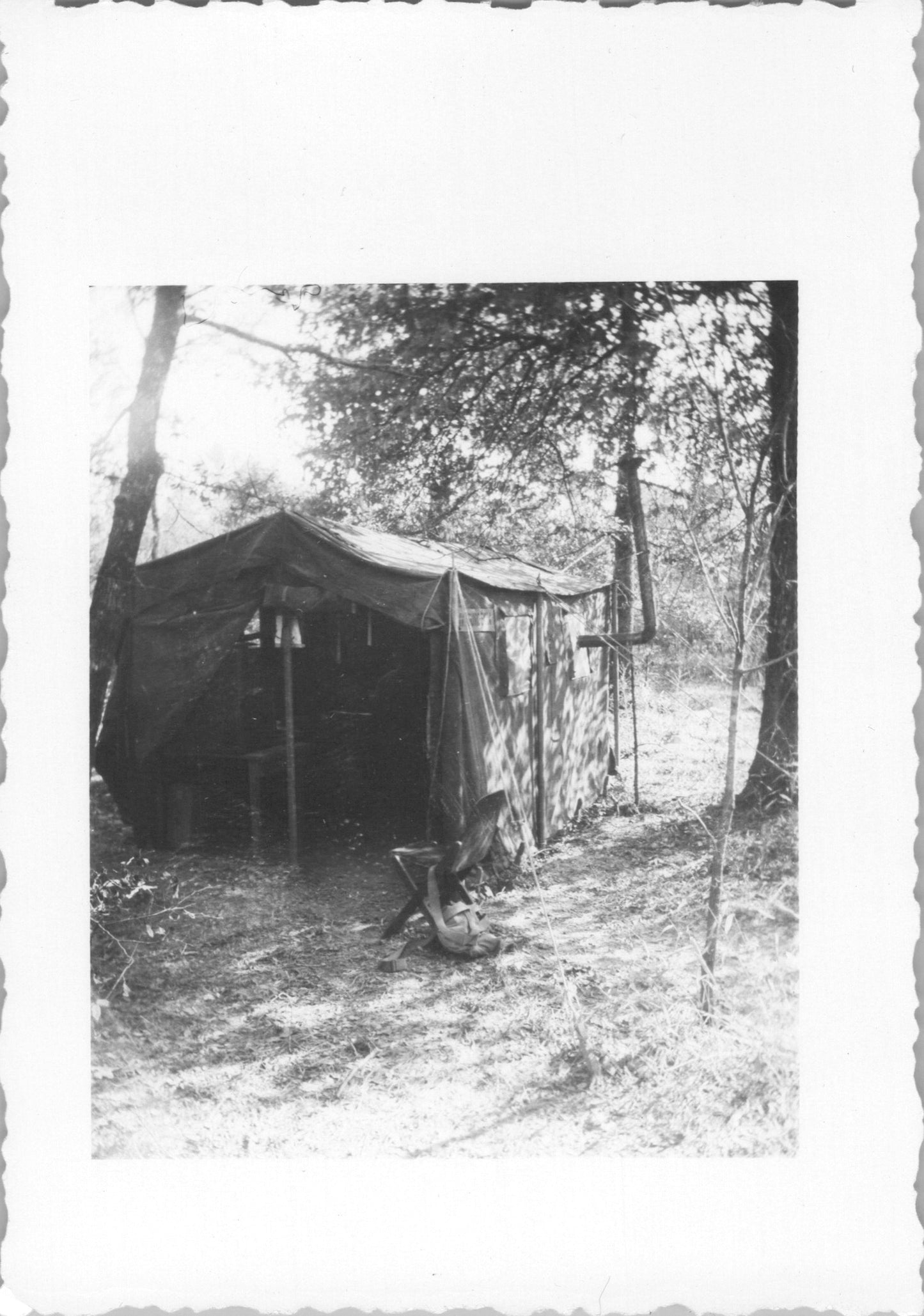A vintage black and white photograph of a canvas tent in a forest. - Image: 2025-08-25-0056