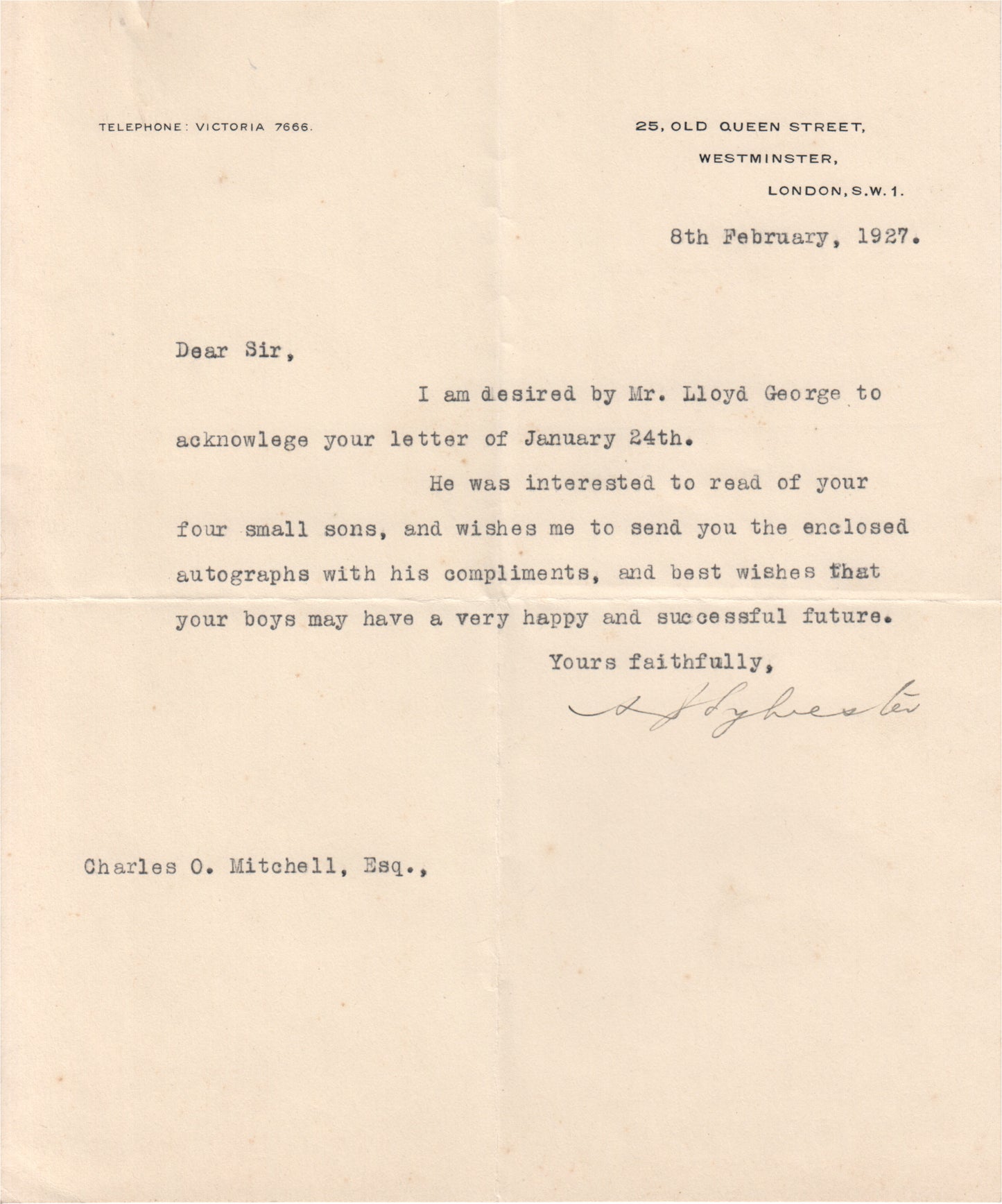 Typed historical letter dated February 8, 1927, from Lloyd George