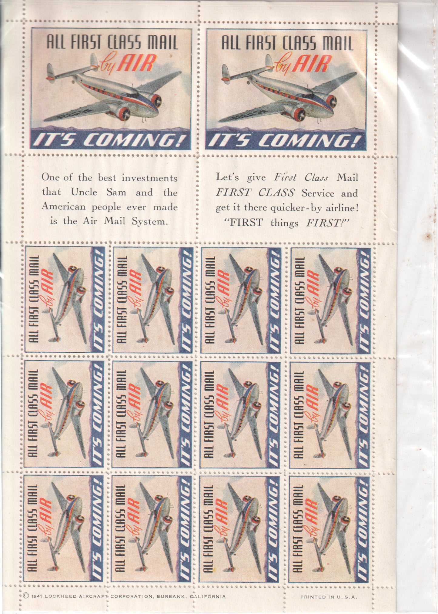 A colorful vintage stamp sheet featuring Lockheed aircraft and air mail text. - Image: 2025-04-12-0040