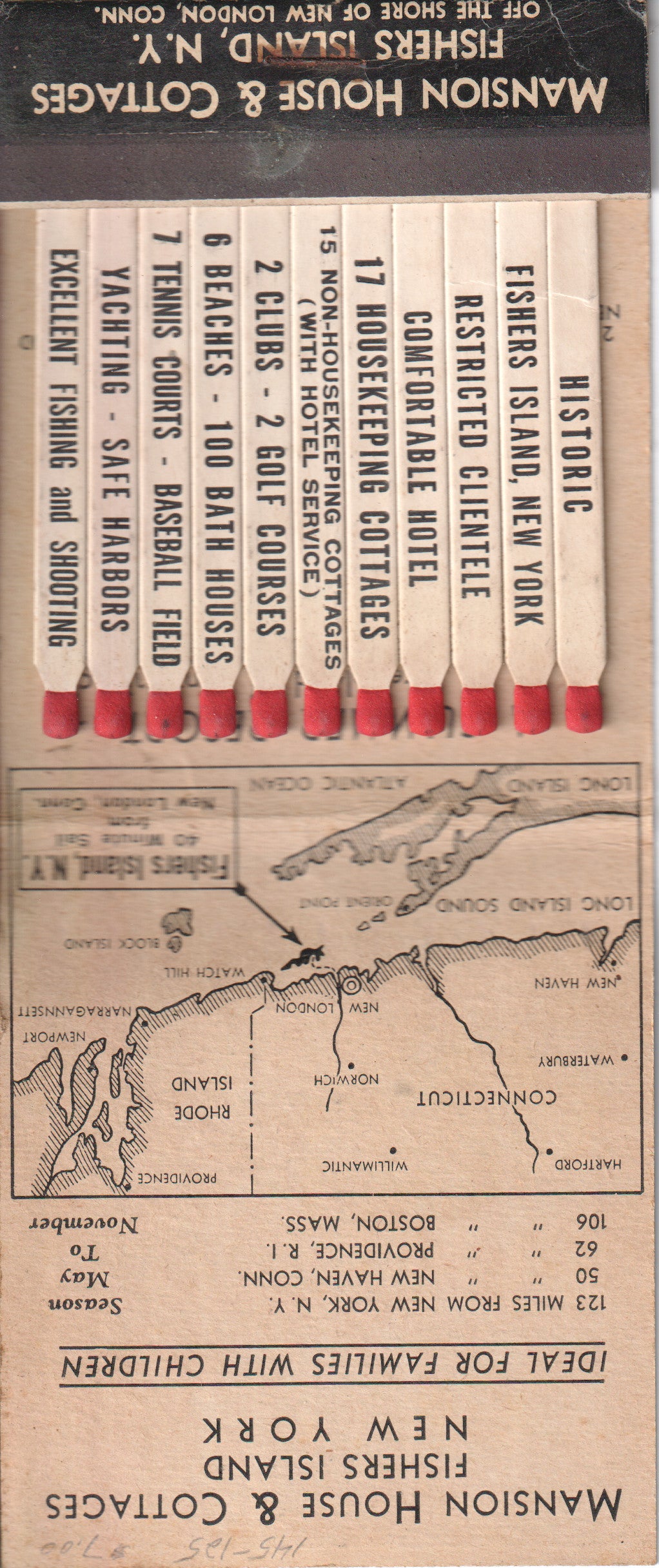 Vintage Fishers Island NY Matchbook – Mansion House & Cottages – Full, Unstruck – 1940s Resort Map Art