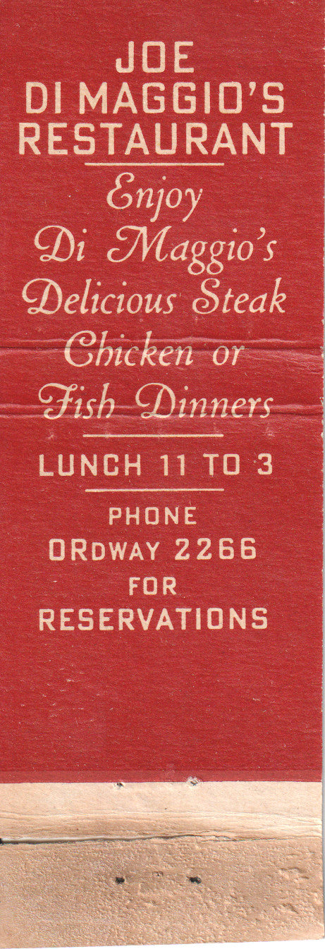 Vintage Joe DiMaggio Matchbook – NY Yankees – Fisherman’s Wharf Restaurant – Full – 1940s–50s