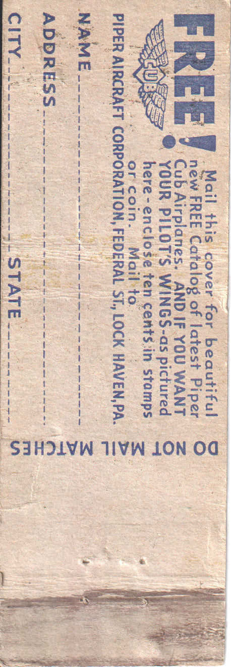 Vintage Piper Cub Matchbook – 1950s Aviation Ad – "Easy to Fly, Easy to Buy" – Federal Match Corp