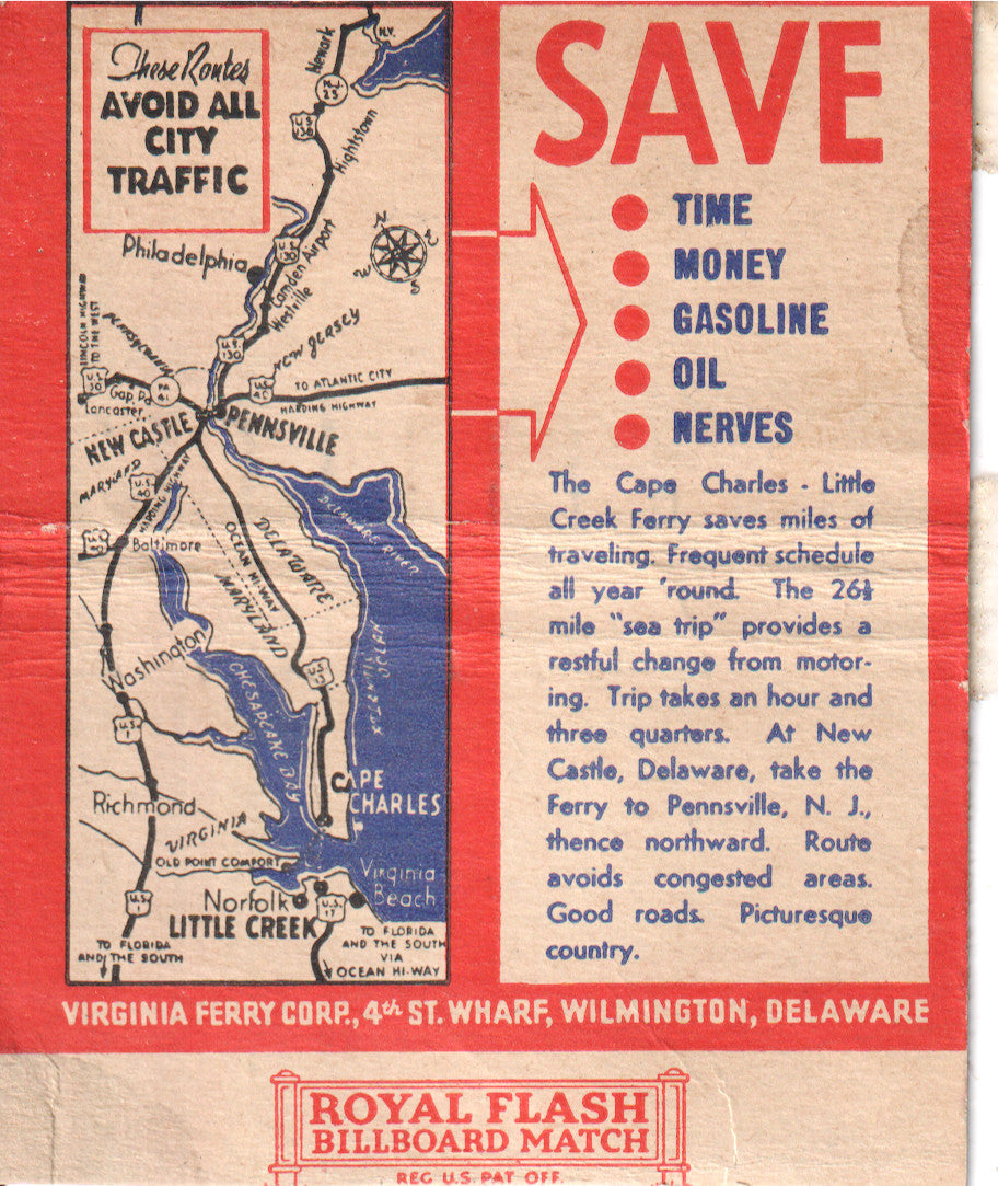 S.S. Pocahontas & Princess Anne Ferry Matchbook – Royal Flash Cape Charles VA – Vintage Chesapeake Bay Route