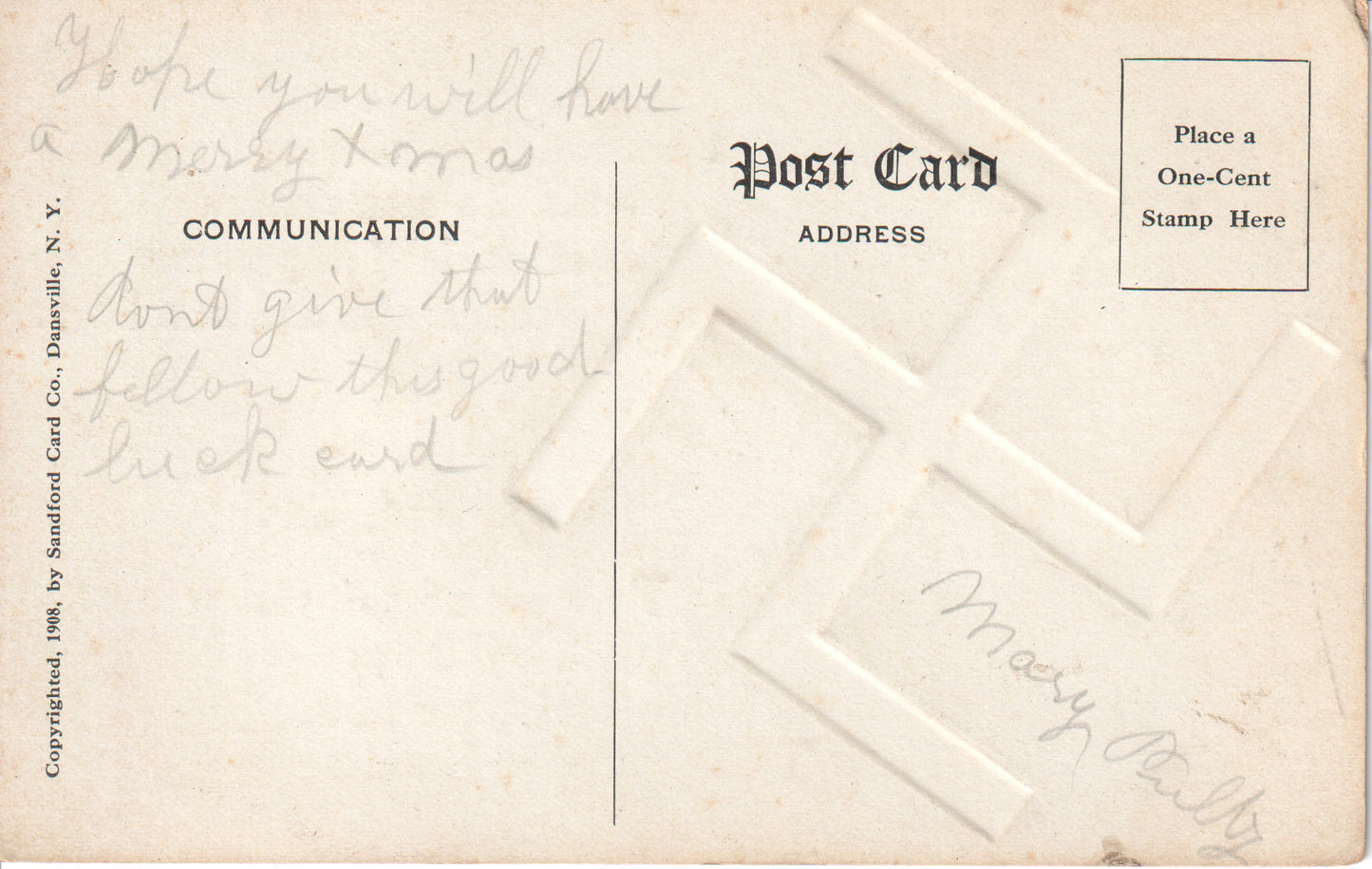 1908 Swastika Good Luck Postcard – Pre-Nazi Symbol – Embossed Sandford Card Co.