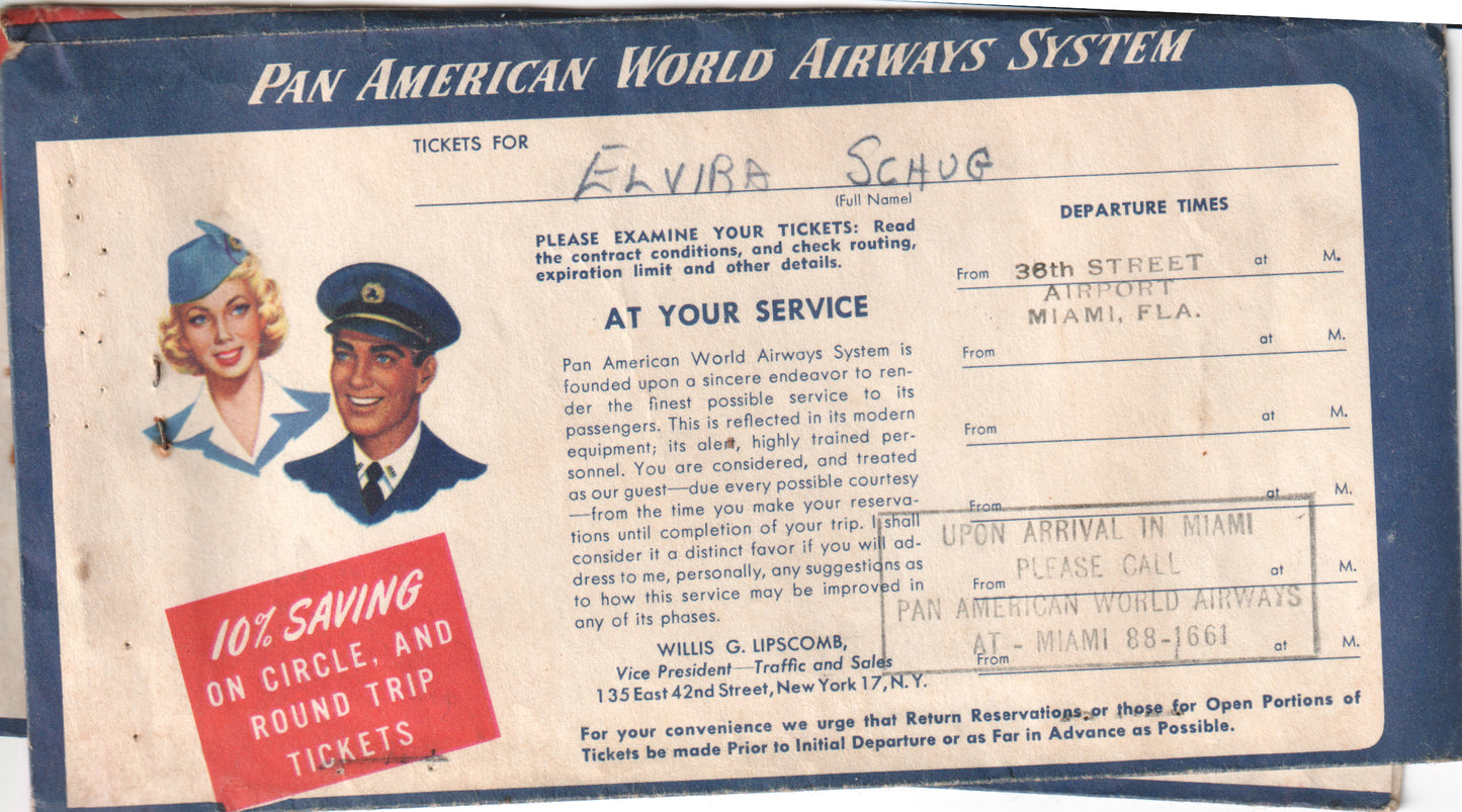 1950 American Airlines Ticket – Miami to Havana – Elvira Schug