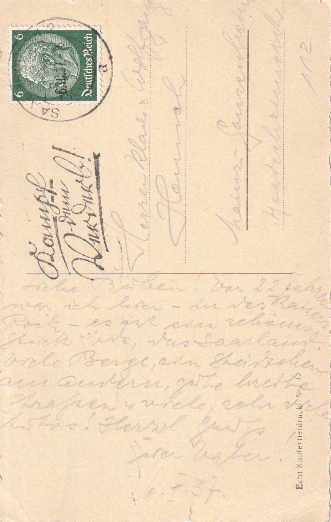 1937 Real Photo Postcard – Saarbrücken Rathaus, Germany – Hitler Stamp, Anti-Marxism Slogan, Handwritten Travel Note