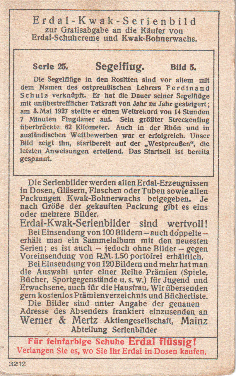 1930s Erdal-Kwak Trading Card – Ferdinand Schulz & Glider "Westpreußen" – Segelflug Series 25, Card 5