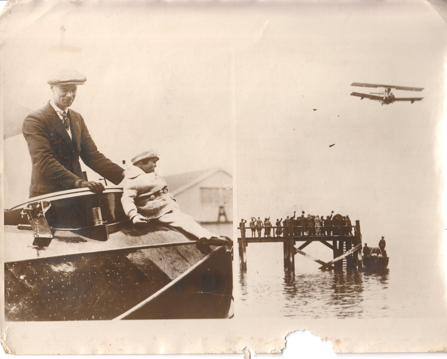 Vintage photograph of a man and child on a boat with a biplane overhead and crowd on a pier. - Image: Folder15-7