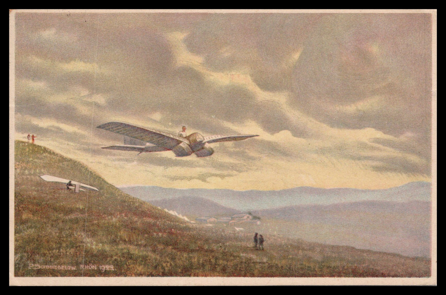 Vintage postcard depicting an early flying machine in flight over a landscape. - Image: MA-PC_0057