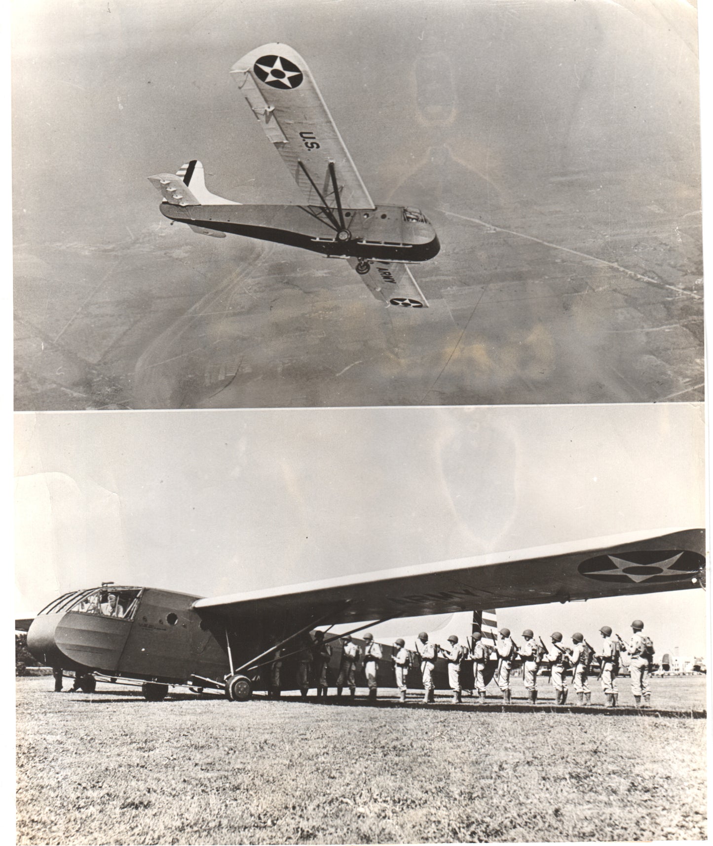 Vintage military glider in flight with soldiers lined up below. - Image: Folder14-1
