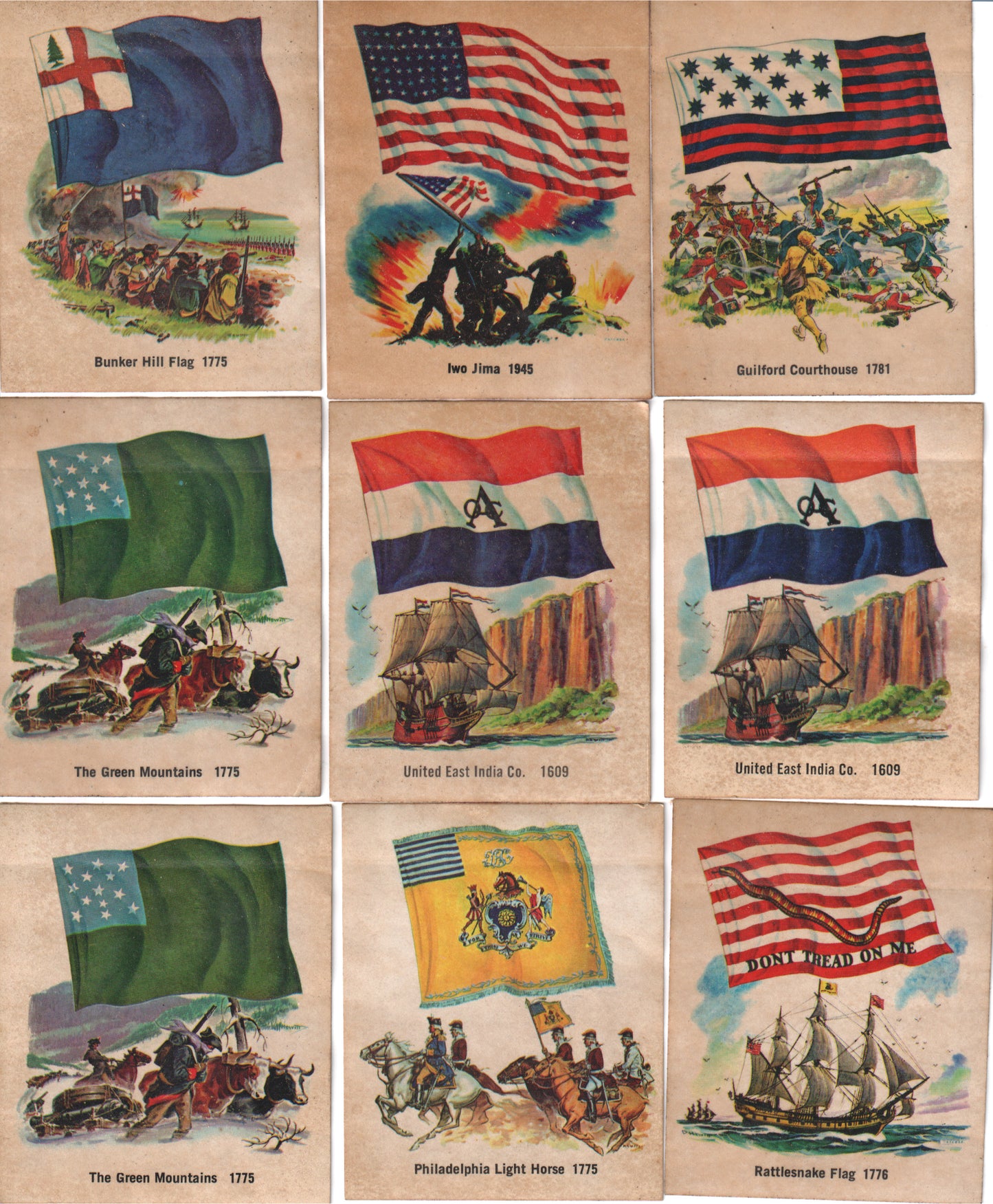 A collection of nine vintage postcards depicting American flags and historical events - Image: 2025-04-12-0030