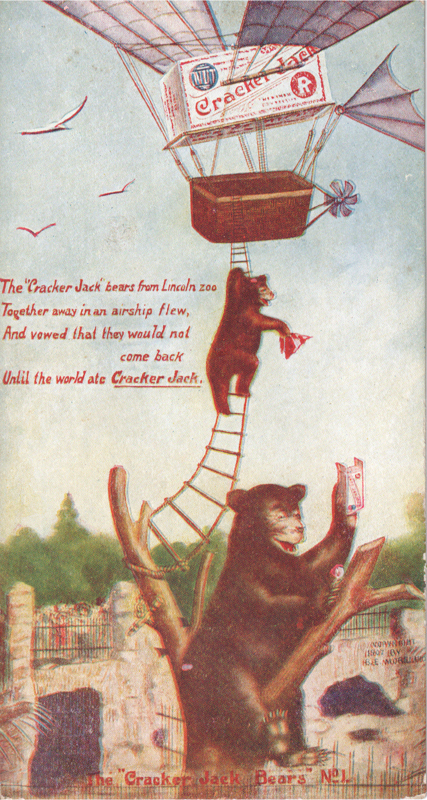 Vintage postcard depicting Cracker Jack bears in an airship. - Image: 2025-04-13-0042