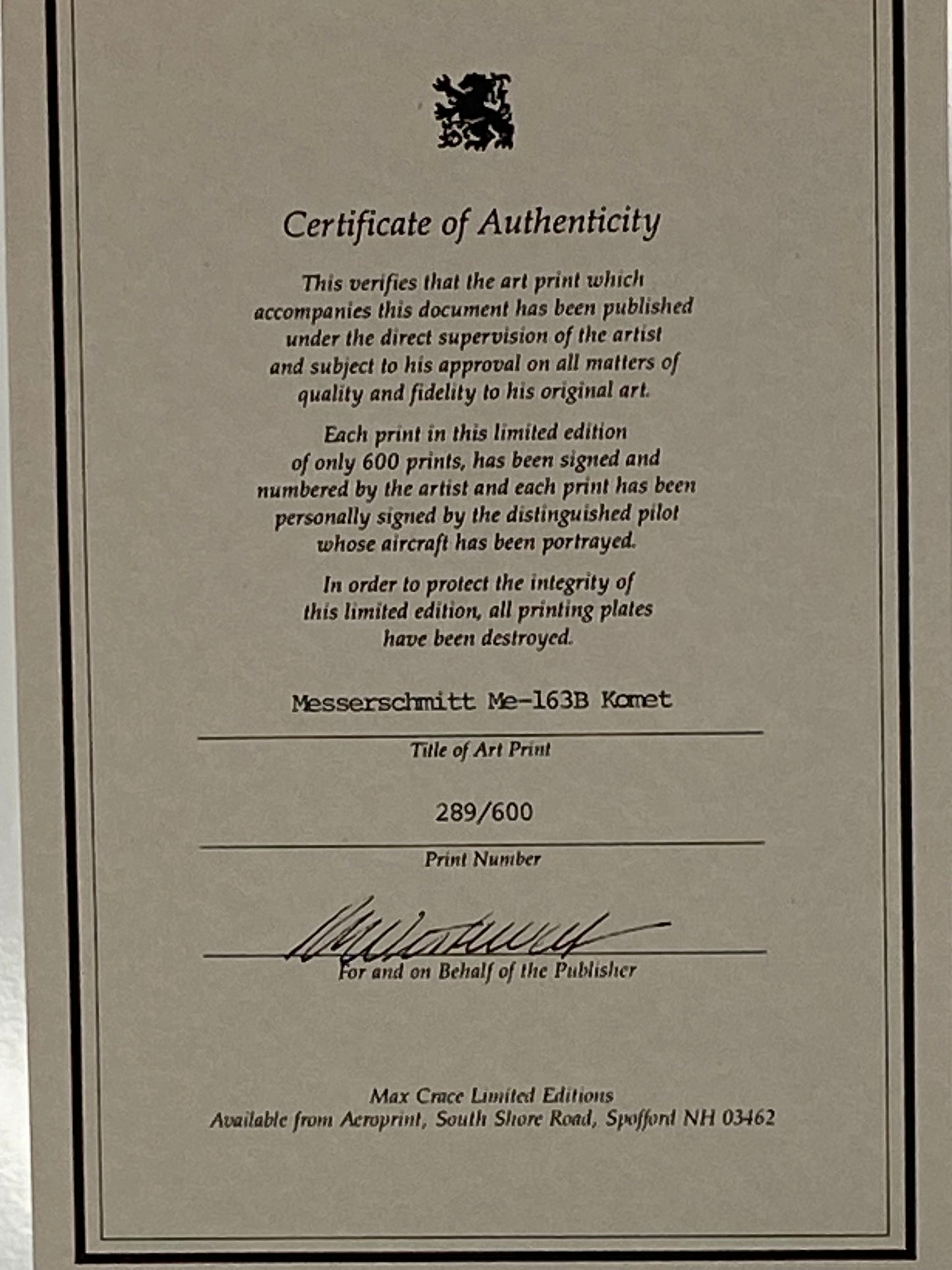 A Limited Edition Aviation Art Print certificate of authenticity is shown on a table, offered by The Ephemera Bureau