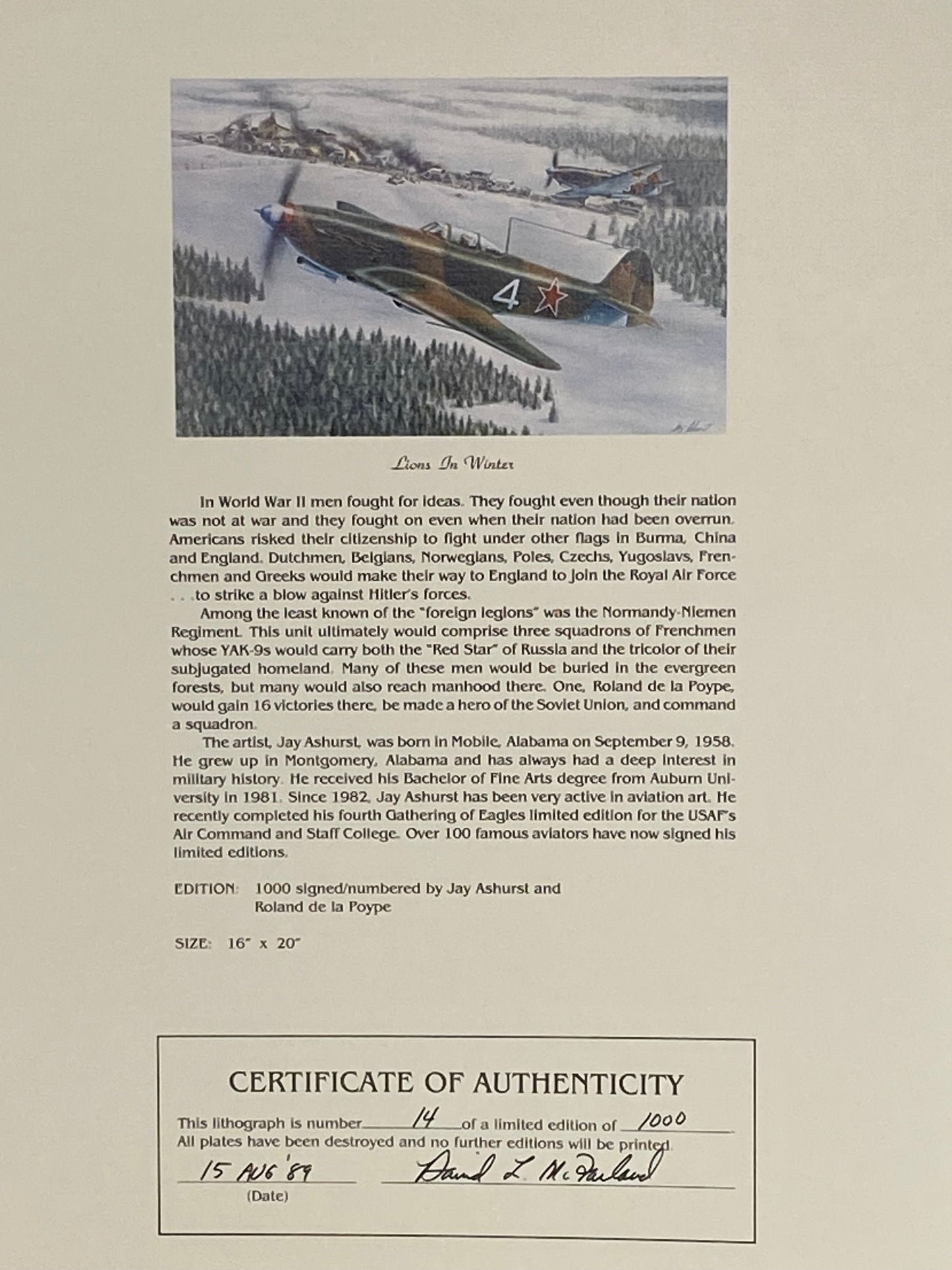 The Ephemera Bureau offers a Limited Edition Lithograph signed by Roland de la Poype featuring Lions in Winter, accompanied by a certificate of authenticity, showcasing stunning Aviation Art.