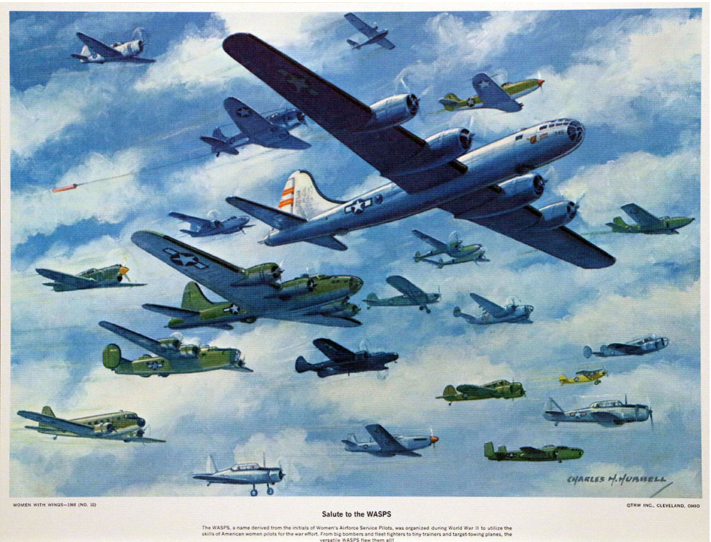 A collection of 12 aviation prints titled "America's Women With Wings" by Charles H. Hubbell, showcasing famous feminine daredevils of the past who were known for flying in the sky.
