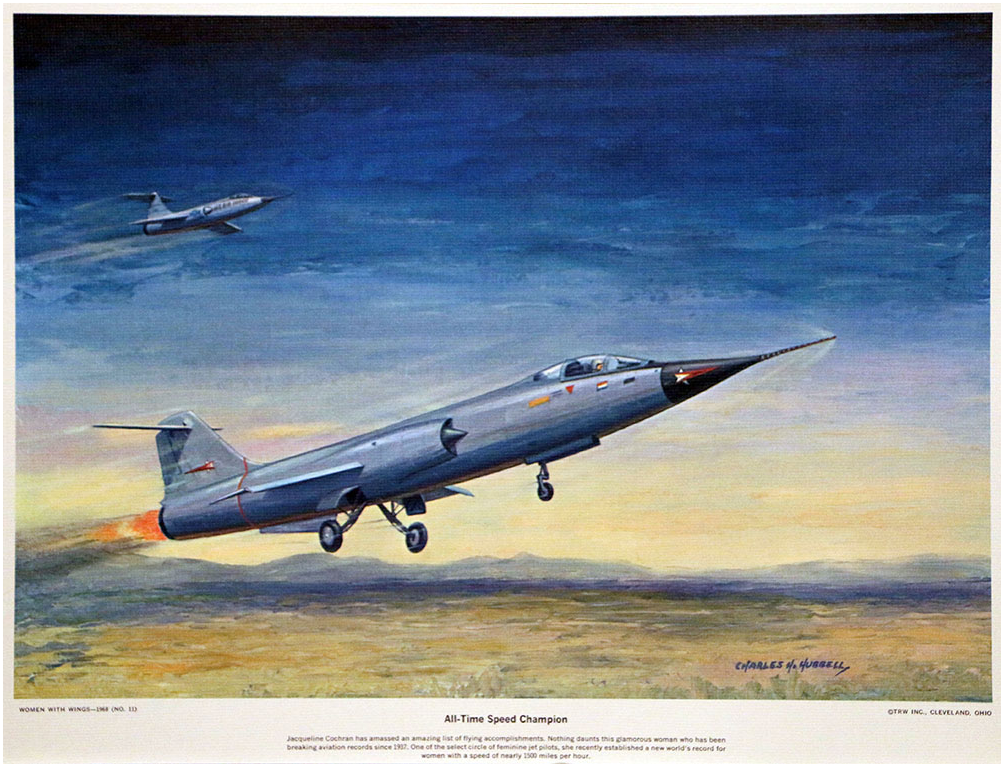 One of the 12 lithographs from "America's Women With Wings" by Charles H. Hubbell, part of the Mostly Aviation collection, depicts two military jets flying over a desert landscape. The nearer jet ascends as its landing gear retracts, while another follows in the distance under a clear blue sky—a scene evoking aviation history and honoring the legacy of female aviators.