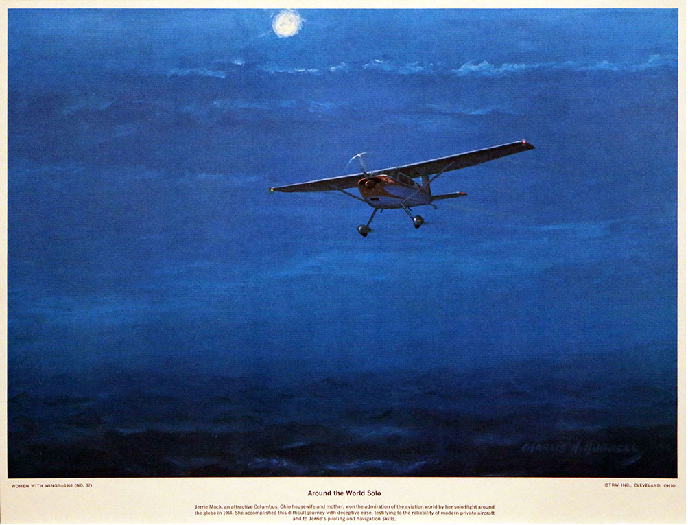 A small airplane navigates the night sky under a luminous full moon, captured vividly amid a vast expanse of blue. Below, text highlights a set of lithographs titled "America's Women With Wings," honoring pioneering female aviators and their significant contributions to aviation history. This serene and adventurous scene is presented by Mostly Aviation, featuring artwork by Charles H. Hubbell on twelve lithographs that celebrate those famous feminine daredevils of the not too distant past.