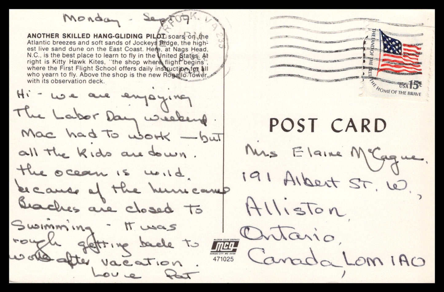 1970s Kitty Hawk Kites Hang Gliding Postcard – Jockey’s Ridge, Nags Head, NC