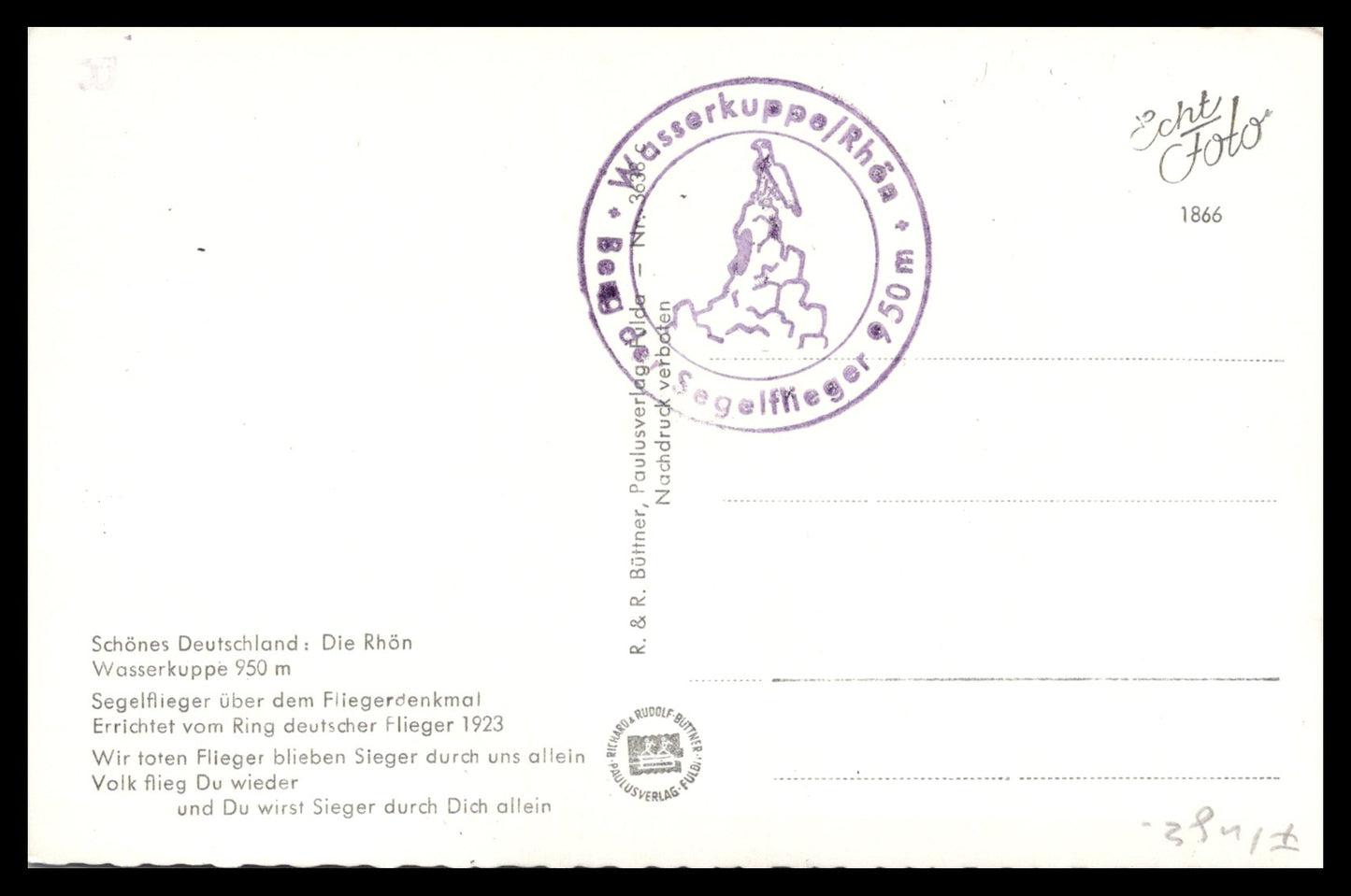 Wasserkuppe Glider Postcard – Sailplane Over the Fliegerdenkmal (c.1930s–1940s, Rhön, Germany)
