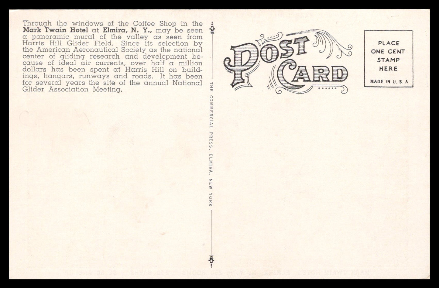 Vintage Postcard – View from Harris Hill, Elmira NY “Gliding Center of the World” – Mark Twain Hotel Promotion (c.1930s–40s)
