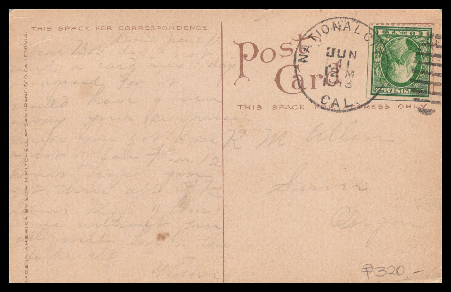 Vintage 1911 Aviation Meet Postcard – Edward H. Mitchell, Biplane & Balloon, National City California Postmark
