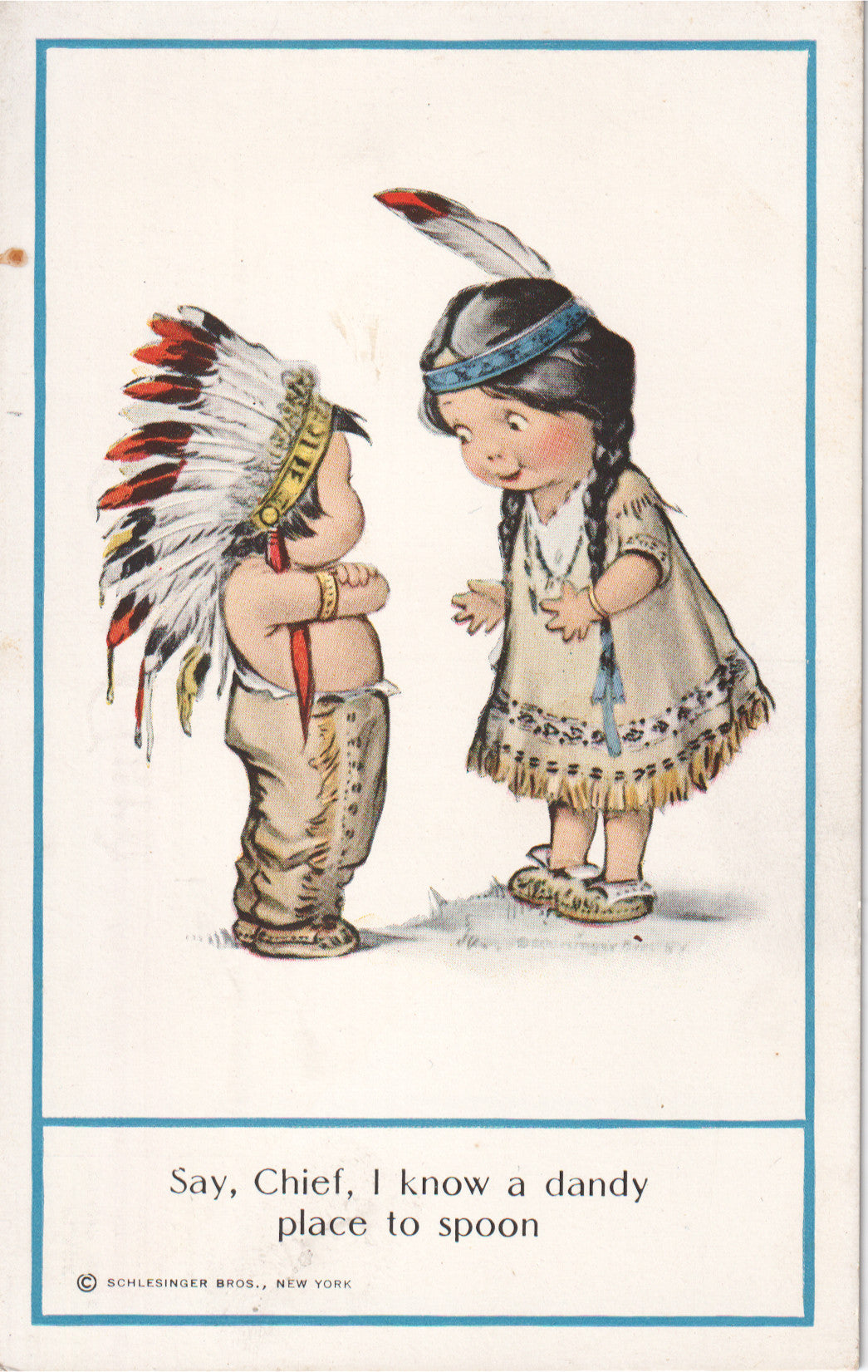 Vintage postcard featuring Native American children in traditional dress with playful expressions. - Image: 2025-04-13-0040