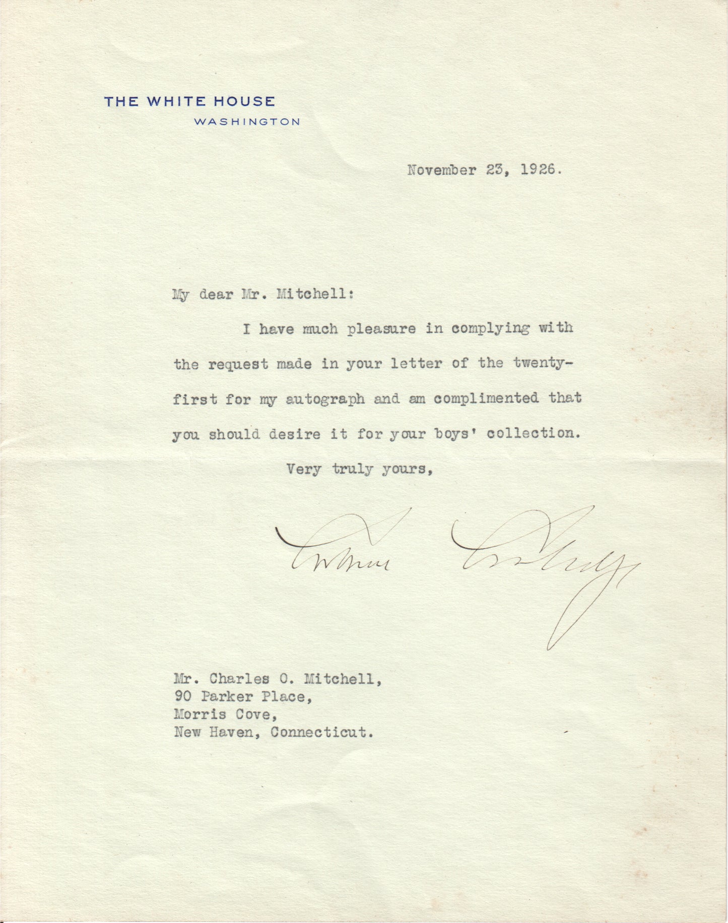 A signed letter from President Calvin Coolidge on official White House stationery