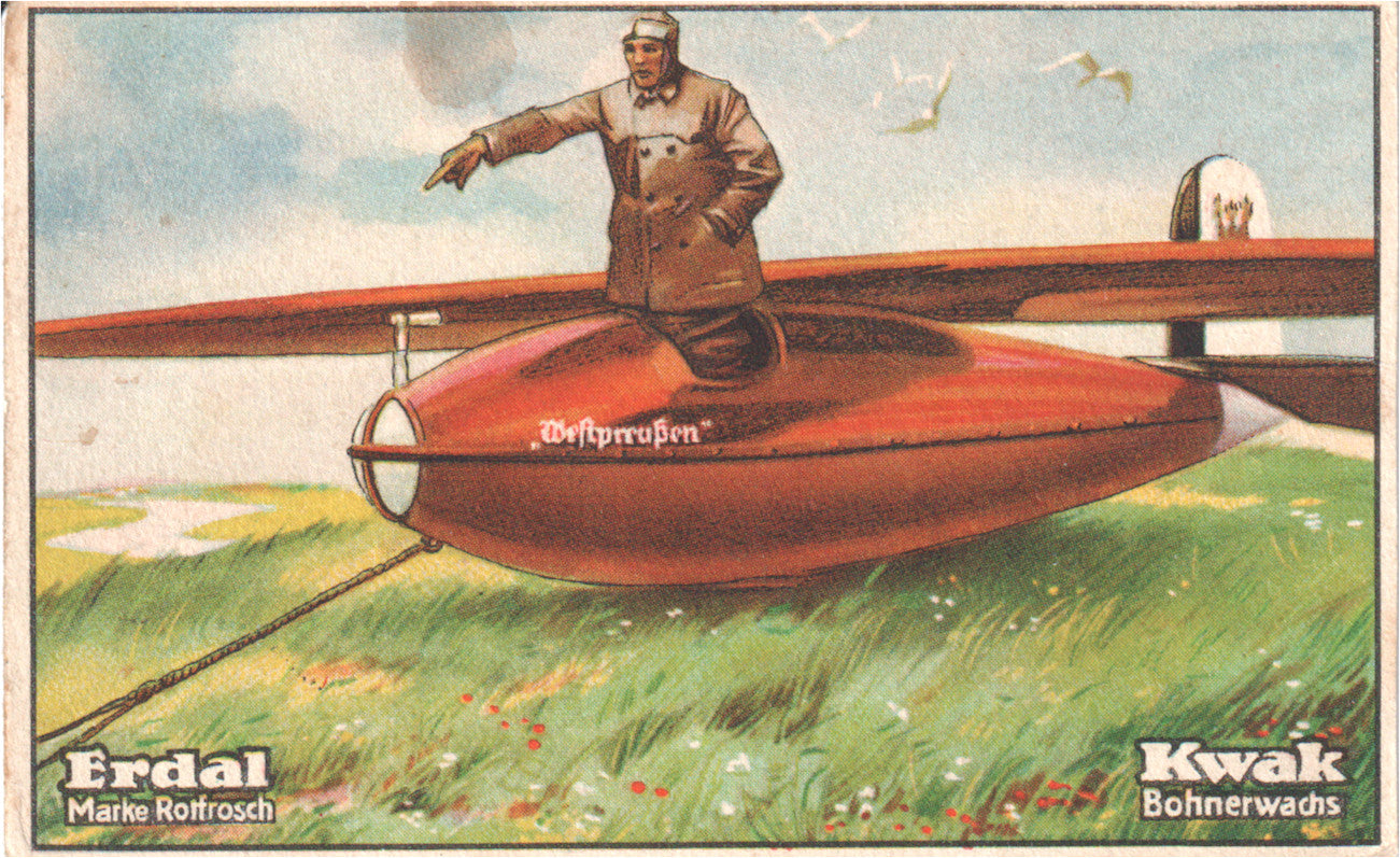 Vintage advertising card featuring a whimsical red airplane and pilot illustration. - Image: 2025-04-18-0073