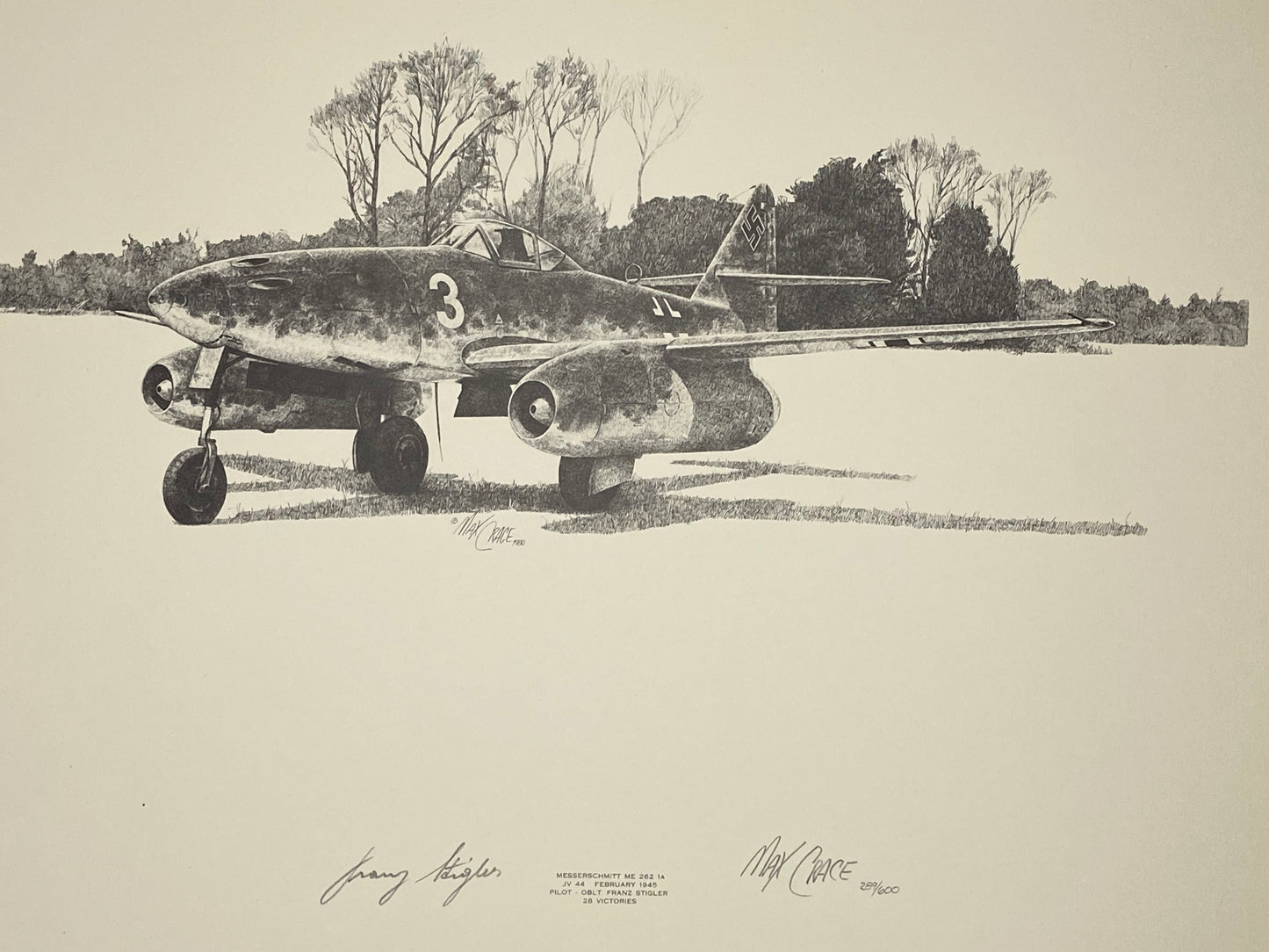 Limited edition print of a Messerschmitt Me 262 aircraft by Max Crace, signed by pilot Erich Hartmann. (File: F3F3IMG_1650.JPG)
