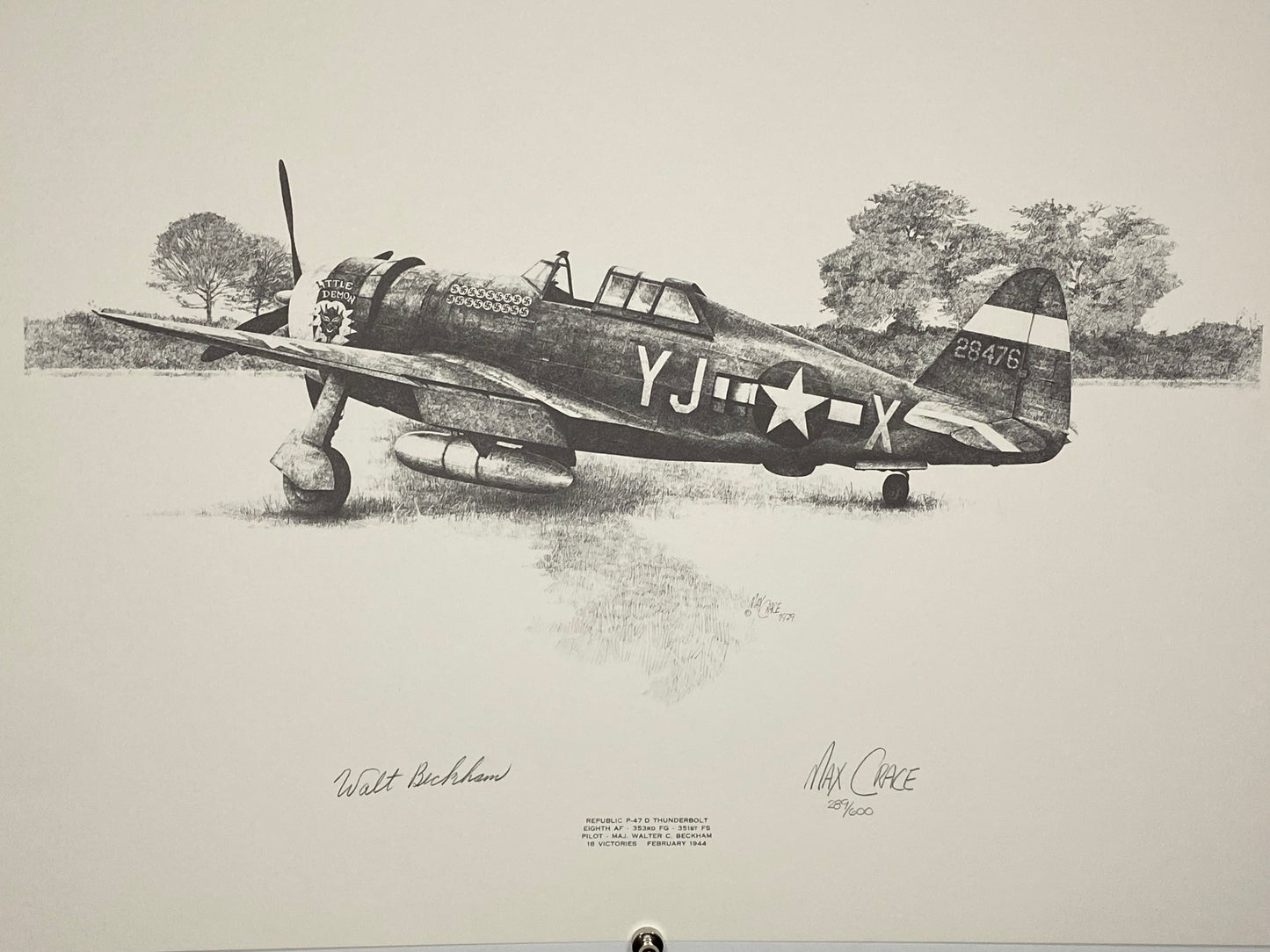 Hand-signed lithograph of a P-47 Thunderbolt aircraft in black and white (File: F3F3IMG_1648.JPG)