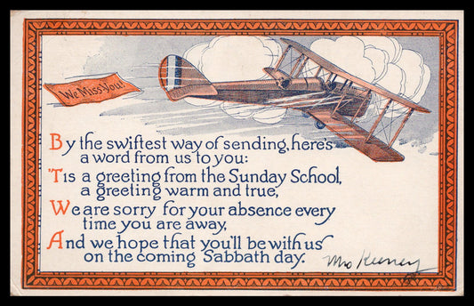 Vintage postcard featuring an airplane and a warm greeting from a Sunday School - Image: MA-PC_0053