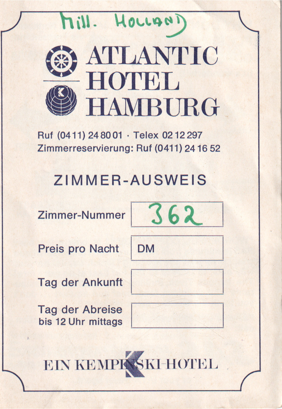 Vintage hotel room key card from Atlantic Hotel Hamburg - Image: 2025-04-13-0029
