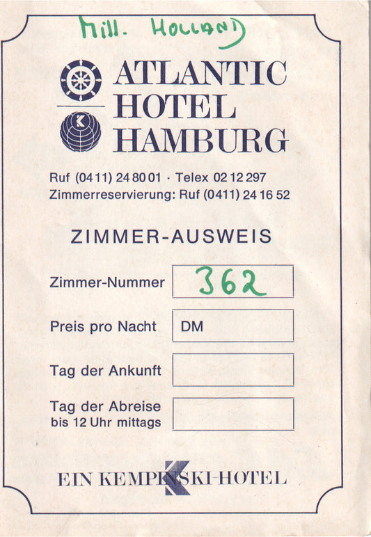 Vintage hotel room key card from Atlantic Hotel Hamburg - Image: 2025-04-13-0029