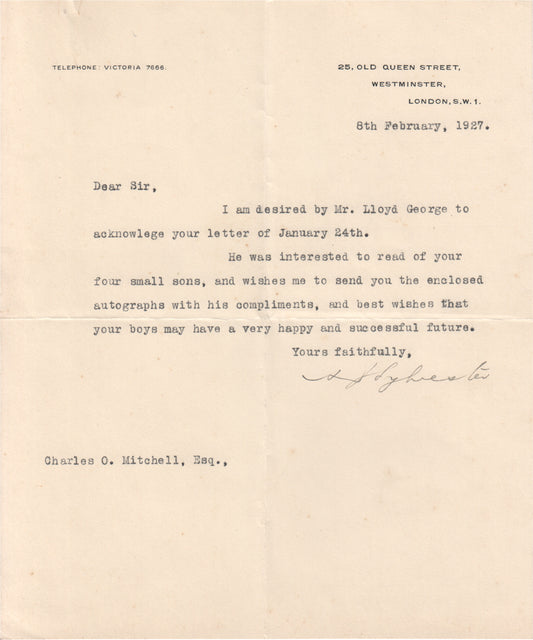 Typed historical letter dated February 8, 1927, from Lloyd George