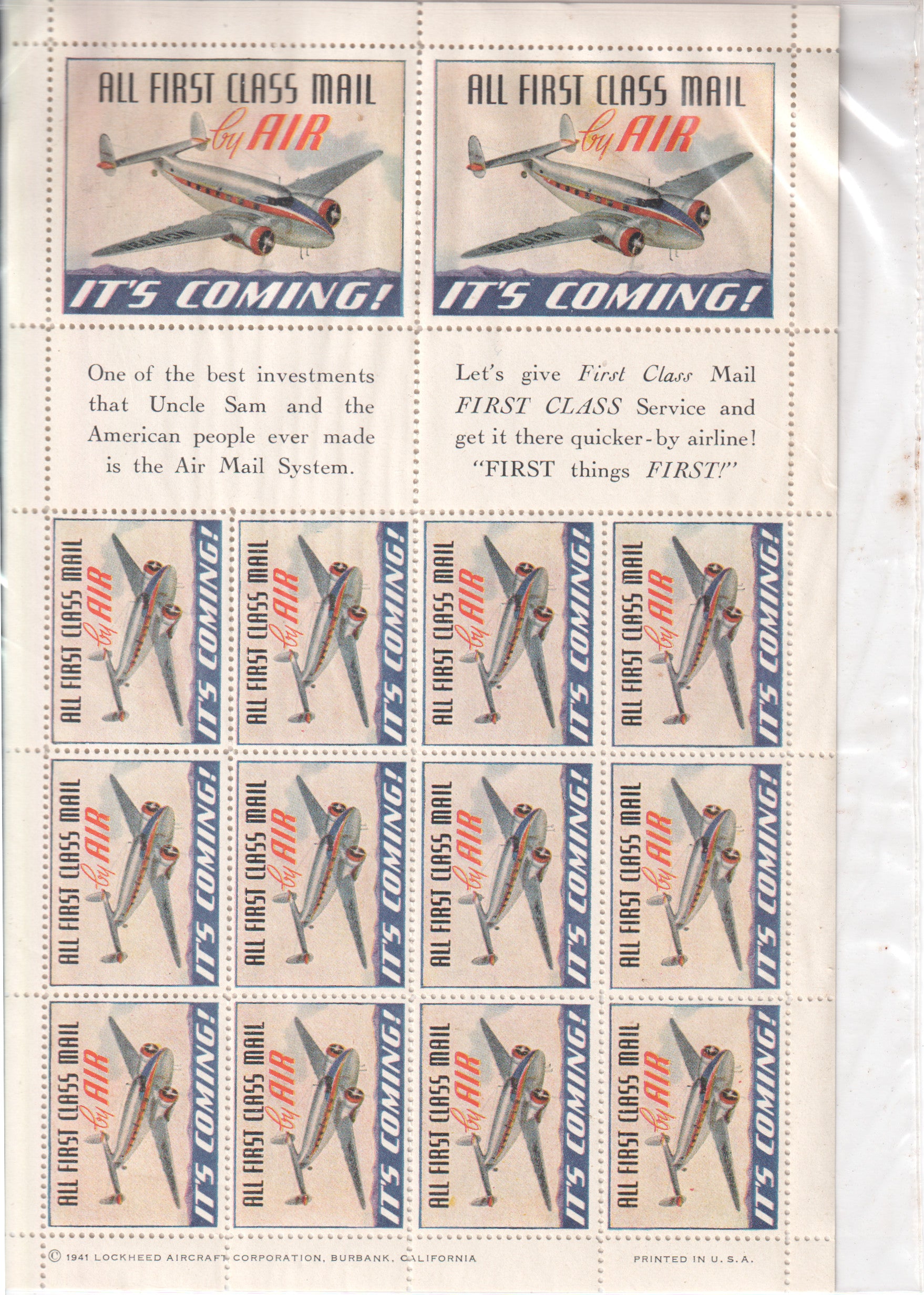 A colorful vintage stamp sheet featuring Lockheed aircraft and air mail text. - Image: 2025-04-12-0040