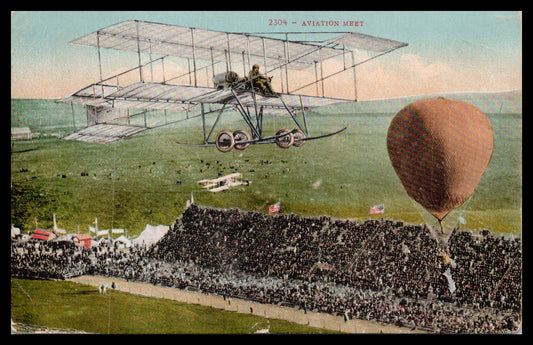 Vintage postcard depicting an aviation meet with an early airplane and hot air balloon over a crowd. - Image: MA-PC_0059