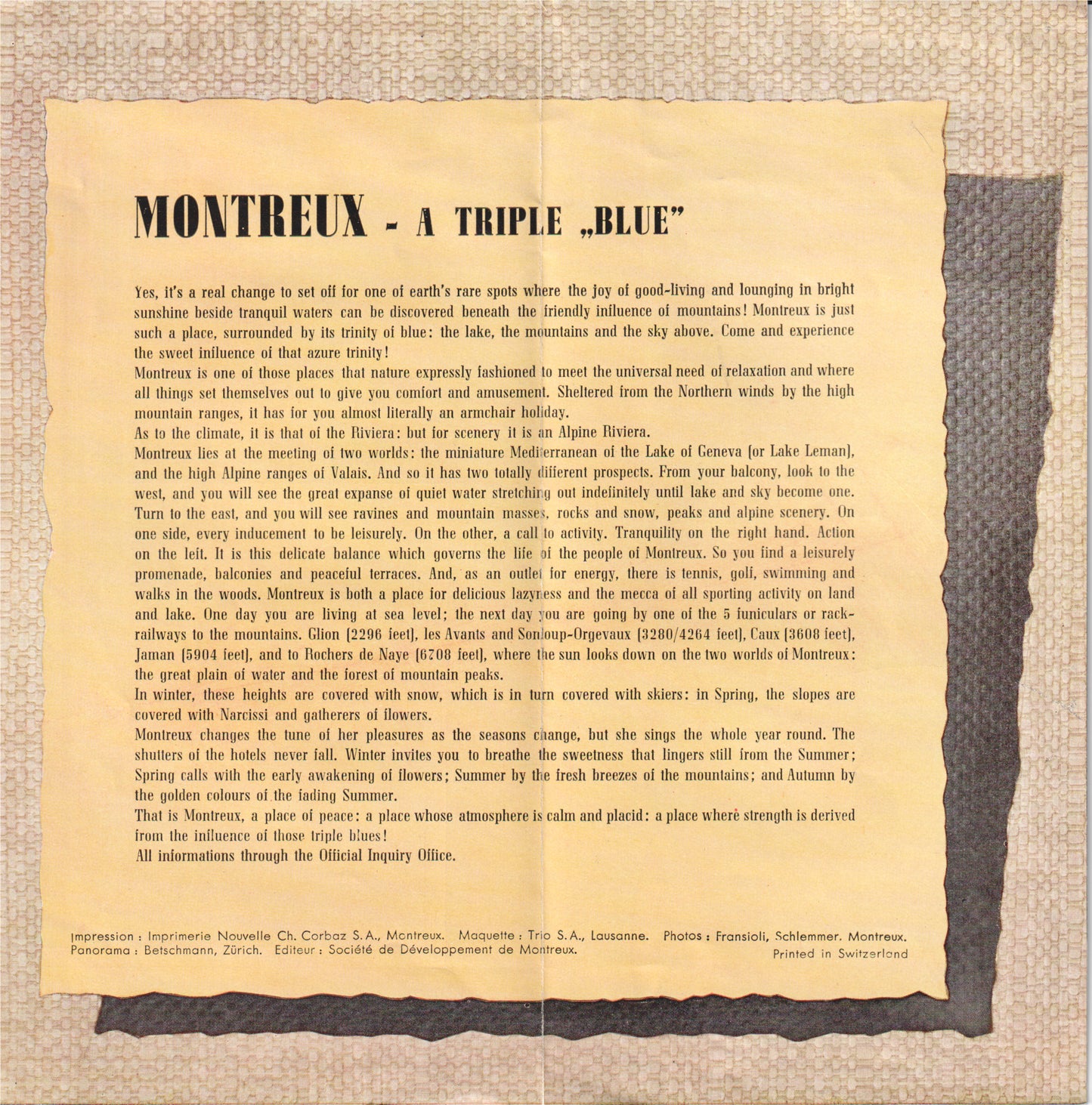 1939 Montreux Switzerland Travel Brochure – Territet & Clarens | Illustrated Map & Photos