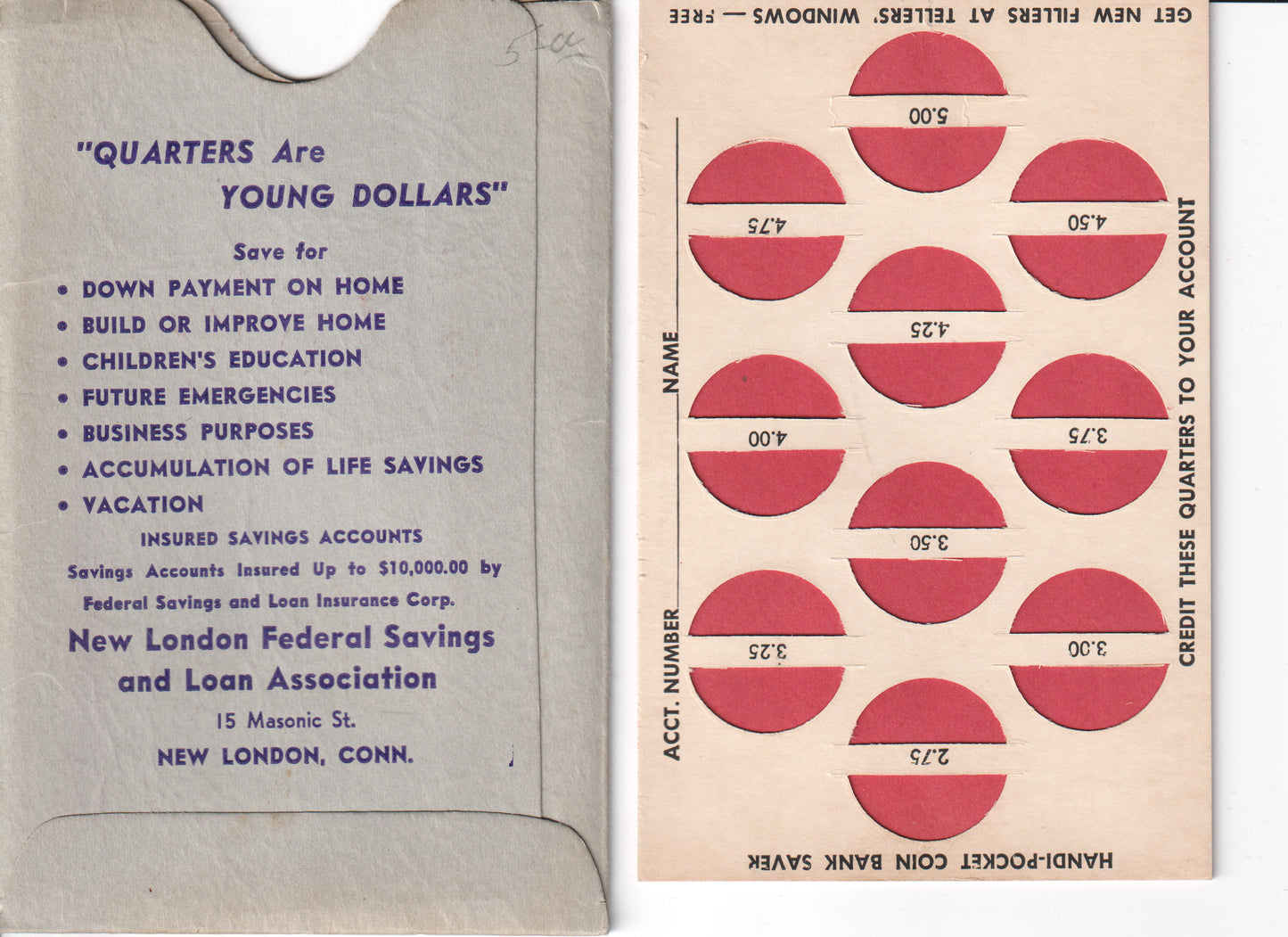 Vintage 1940s Handi-Pocket $5 Quarter Savings Coin Bank – New London CT Federal Savings