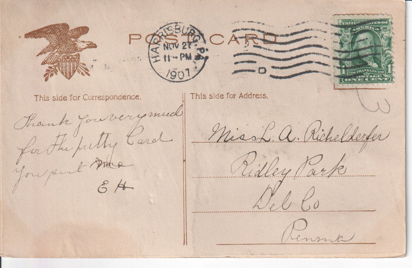 Vintage Embossed Thanksgiving Postcard (1907) – Turkey with "Thanksgiving Greetings" Script