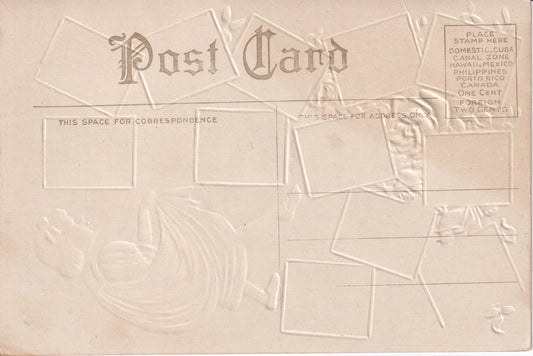 1911 Embossed Calendar Postcard – New Year Greeting – Girl in Pink Dress with Floral Motif – Unused Edwardian Postcard