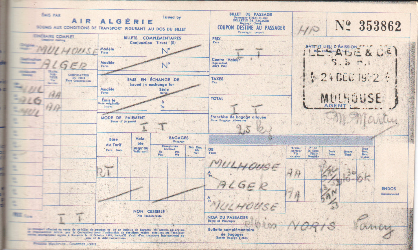 Vintage Air Algérie Passenger Airline Ticket – Dec 1952 Commercial Aviation Ephemera