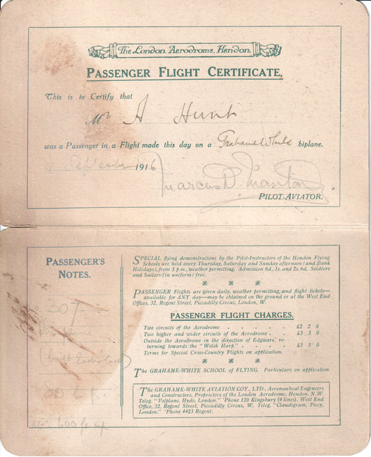 "Flying at Hendon" Passenger Flight Certificate – Grahame-White Aviation Co. – Early British Aviation Souvenir