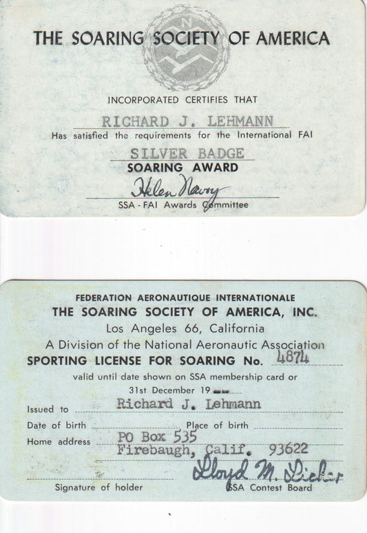 Soaring Society of America Sporting License & Silver Badge Certificate – Vintage Glider Pilot Award