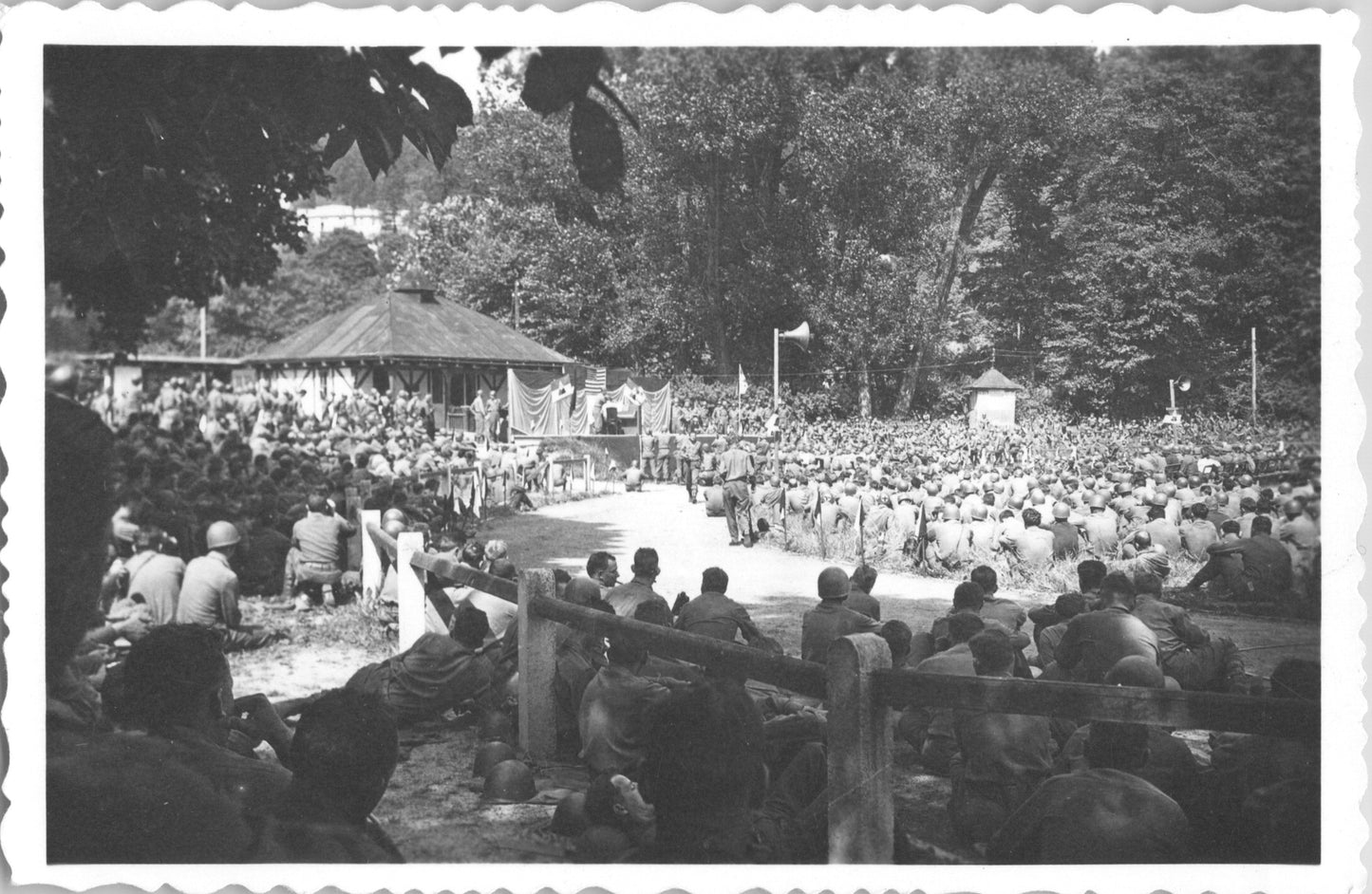 WWII "Concert at Marienbad" – Rare Large US Army Gathering, Outdoor Band Performance – Original Vintage Photo Pair