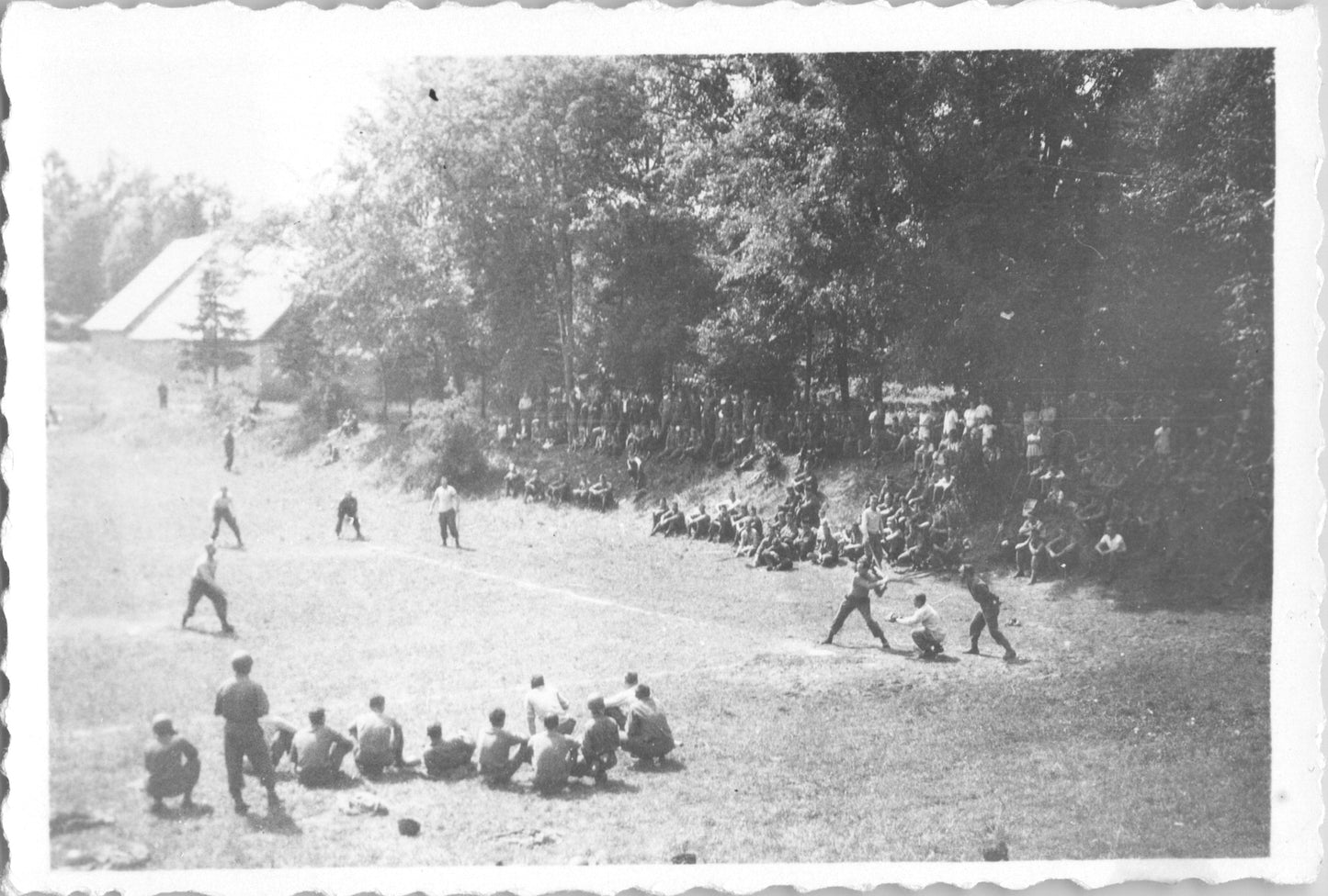 WWII Army Baseball Game Photo Pair – "Mechs vs 69th AIB, Van Rulays of Pirates Pitching" – Original Vintage Military Sports with Handwritten Caption