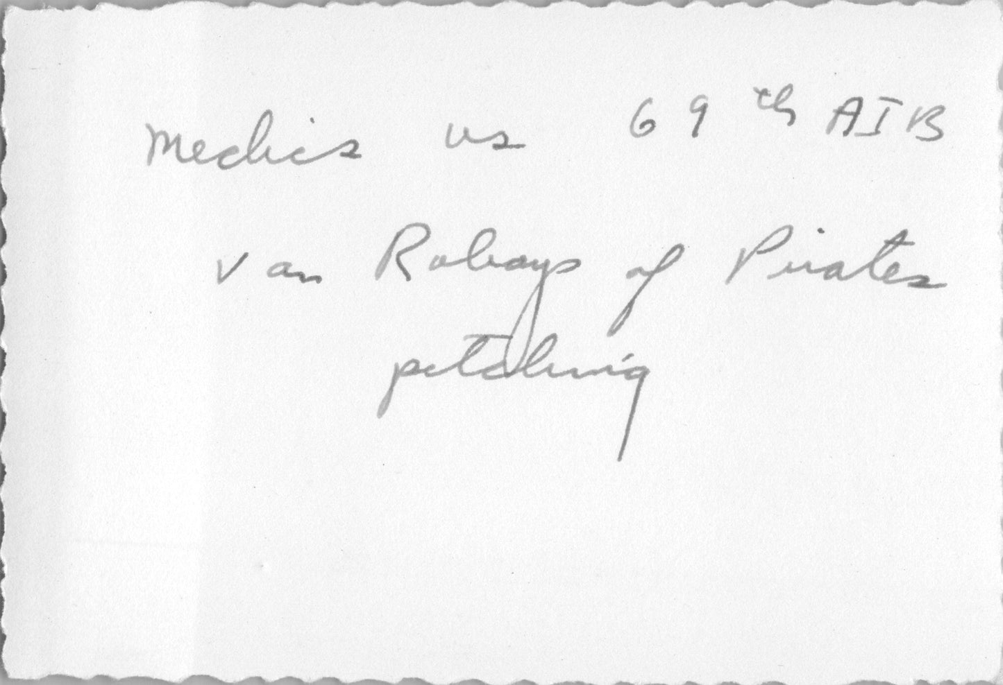 WWII Army Baseball Game Photo Pair – "Mechs vs 69th AIB, Van Rulays of Pirates Pitching" – Original Vintage Military Sports with Handwritten Caption