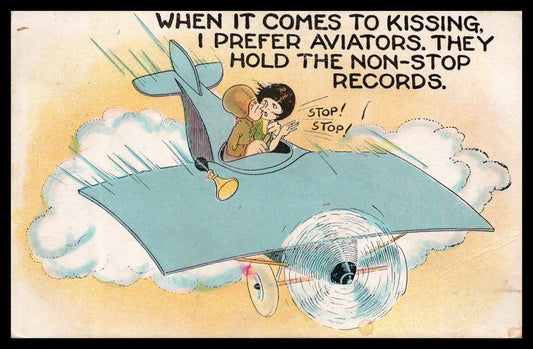 Vintage postcard featuring a humorous cartoon of a couple kissing in an airplane. - Image: MA-PC_0019