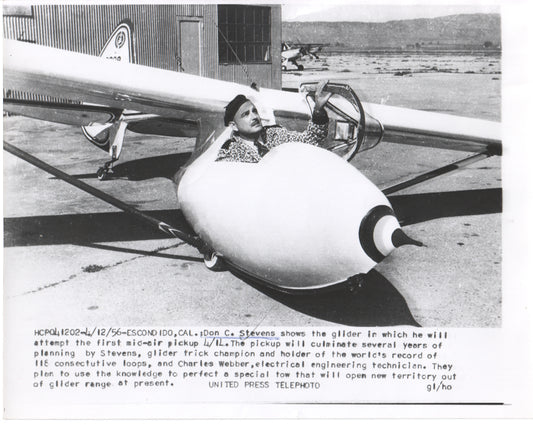 Black and white photo of glider pilot Don C. Stevens preparing for a mid-air pickup attempt in 1956. - Image: Folder14-3