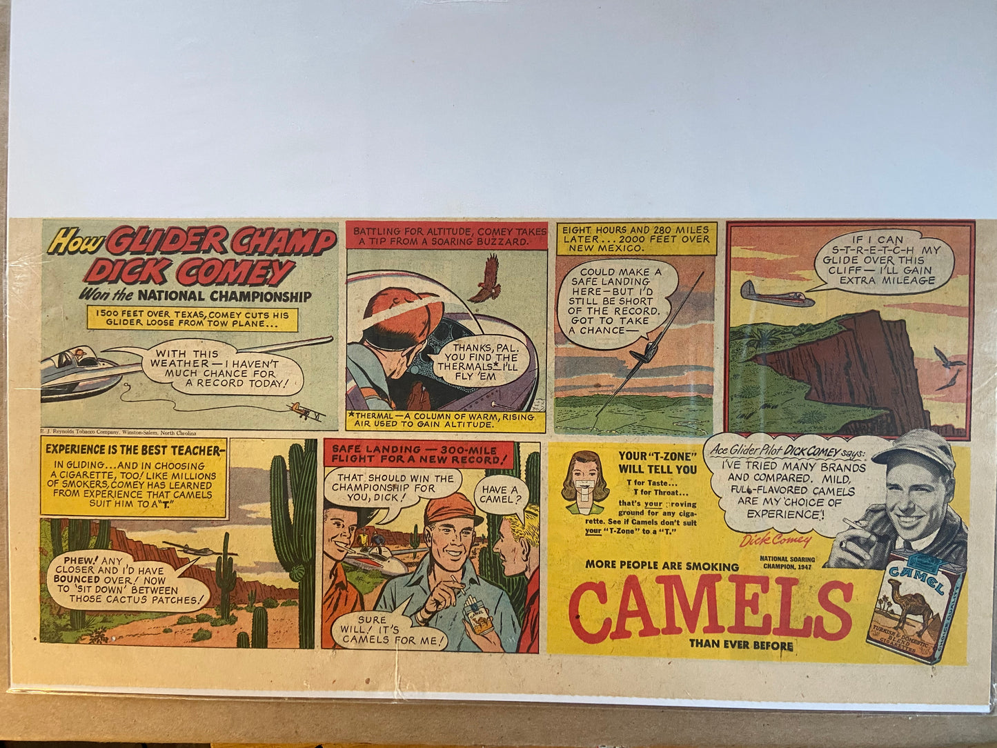 Alternate view of Vintage Camels Cigarettes Advertisement featuring Ace Glider Pilot Dick Comey - 1940s Collectible (File: F8IMG_1693.JPG)